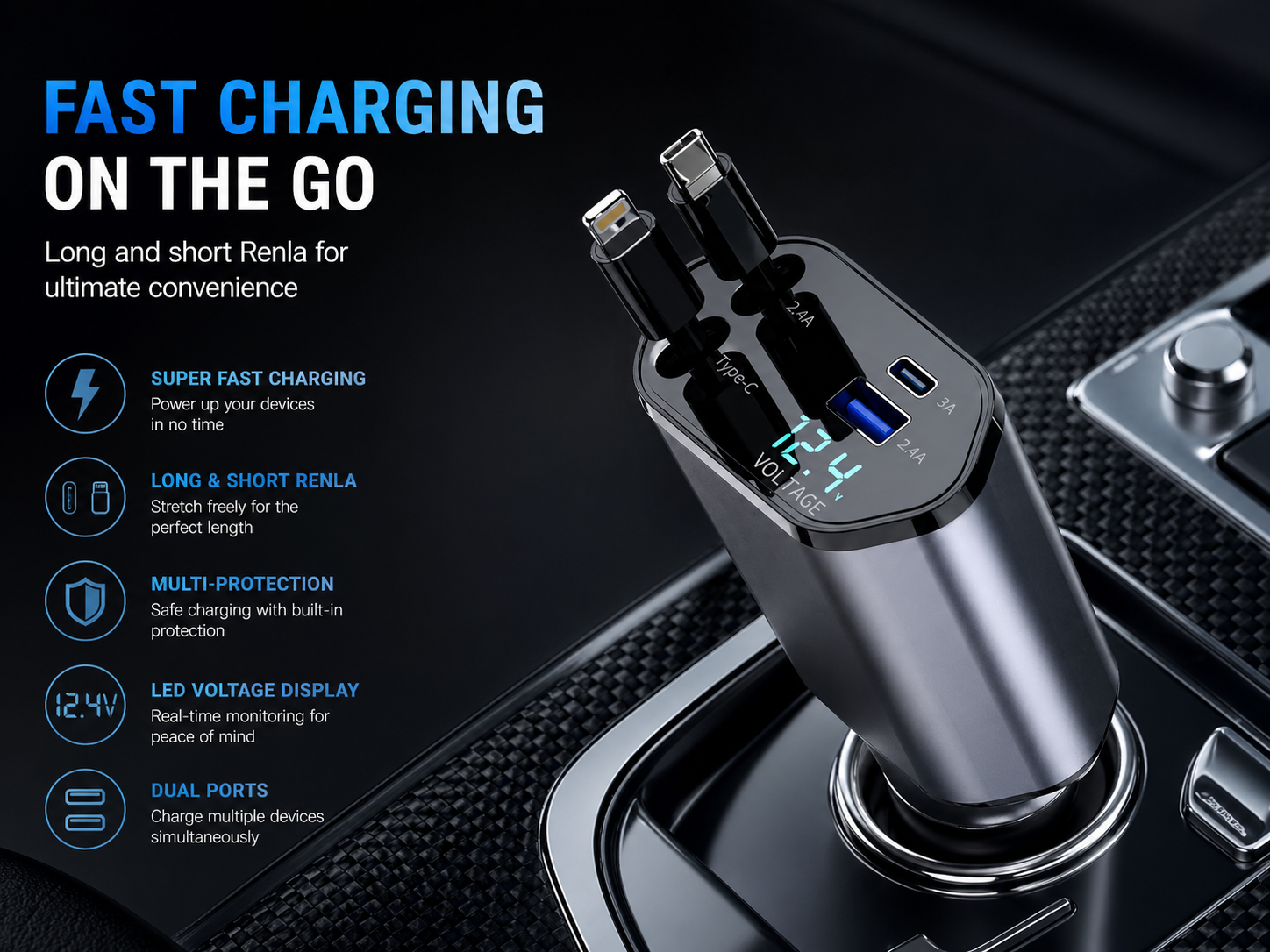 4 In 1 120W Retractable Car Charger USB Type C Cable Fit Phone Fast Charge Adapter