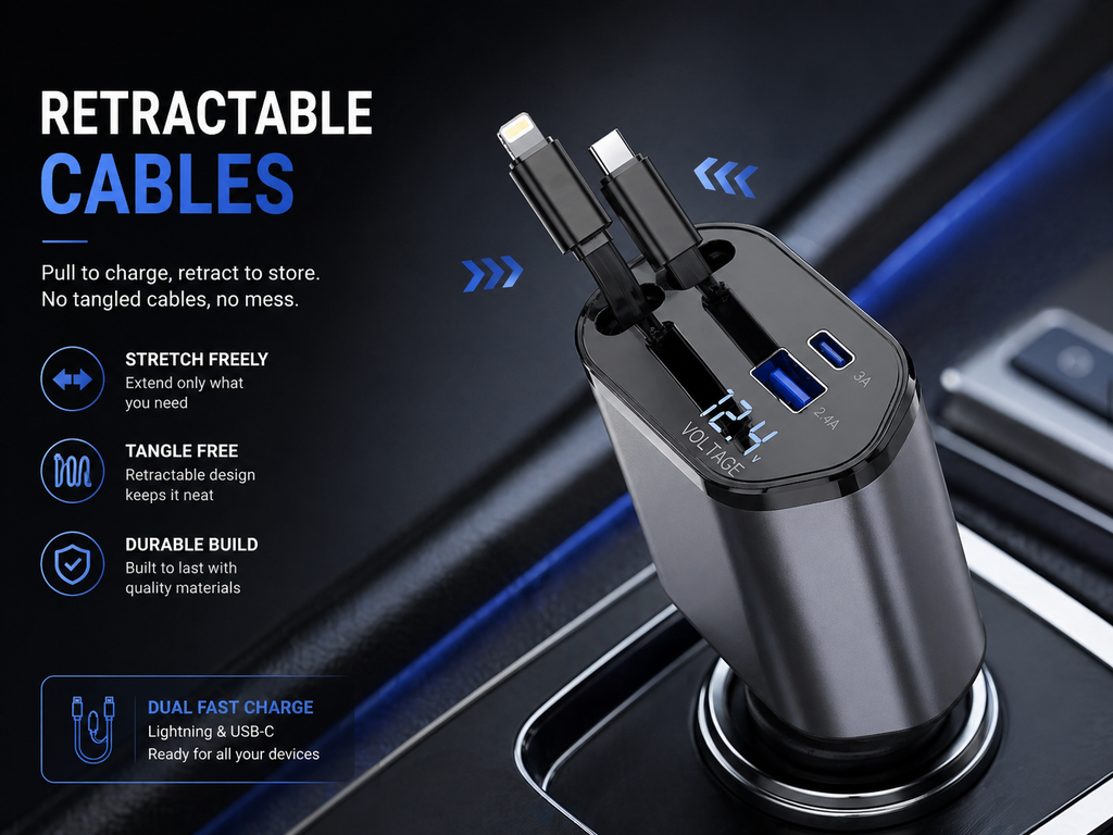 4 In 1 120W Retractable Car Charger USB Type C Cable Fit Phone Fast Charge Adapter