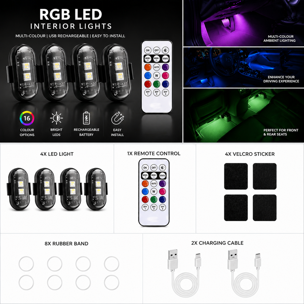 Wireless Car Interior LED Lights – 4-Piece Kit with Remote (8 Colours)