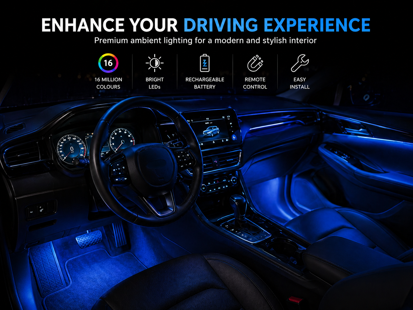 Wireless Car Interior LED Lights – 4-Piece Kit with Remote (8 Colours)