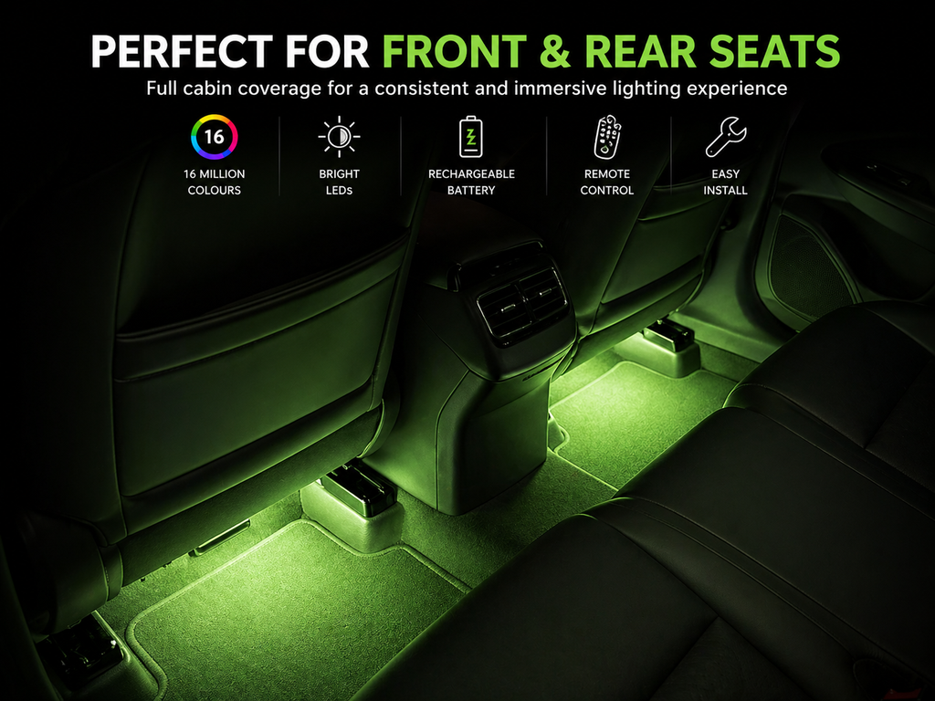 Wireless Car Interior LED Lights – 4-Piece Kit with Remote (8 Colours)