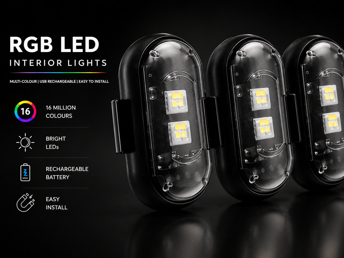 Wireless Car Interior LED Lights – 4-Piece Kit with Remote (8 Colours)