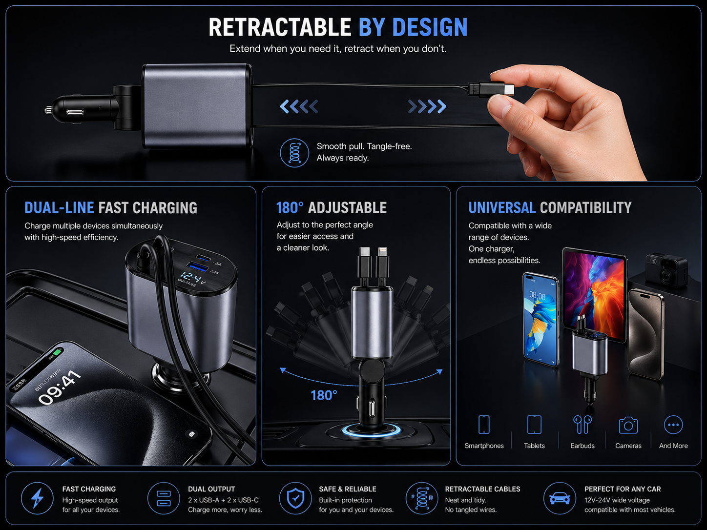 4 In 1 120W Retractable Car Charger USB Type C Cable Fit Phone Fast Charge Adapter