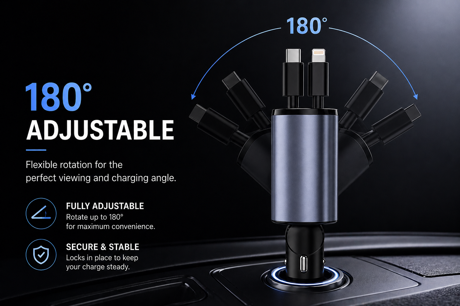 4 In 1 120W Retractable Car Charger USB Type C Cable Fit Phone Fast Charge Adapter